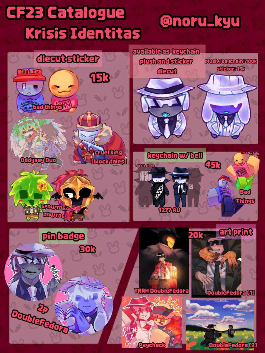 noru_kyu's tweet photo. Noru's #Comifuro23 full catalogue is now out 🇮🇩

⭐OTS only
💫Both days
✨Booth no: TBA , Krisis Identitas
🌼Fandoms: Roblox (Doublefedora, Bad Things, Block Tales, DoD), Minecraft [SFAWTDE, Oddysey Duo]

Likes and Reshare are appreciated❤

#CF23catalogue #CF23 https://t.co/lKnFTWYkxR