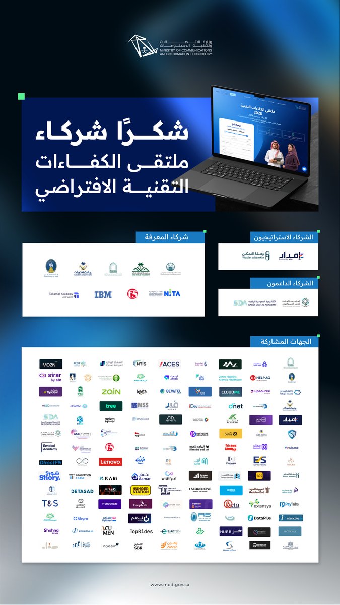 McitGovSa's tweet photo. شراكة تمكّن الكفاءات.. وتصنع الفرص

شكرًا لشركائنا من الشركات والجهات المشاركة في النسخة الثانية من "#ملتقى_الكفاءات_التقنية الافتراضي"؛ لإسهامهم في ربط الكفاءات الوطنية بالفرص المهنية، ودعم جاهزيتها، وفتح آفاق جديدة أمامها للنمو والإسهام في مستقبل القطاع التقني. https://t.co/uucGXrKSp4
