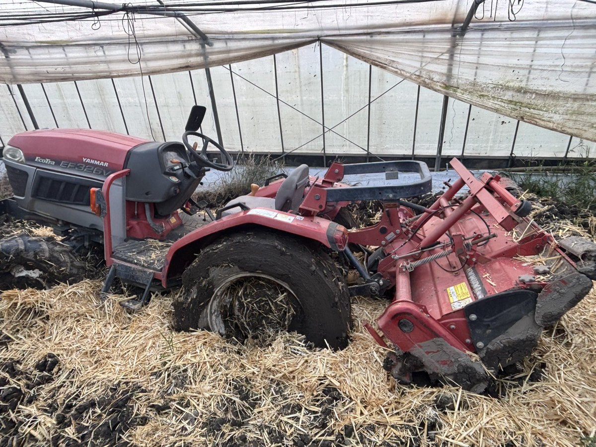 midorinobou2's tweet photo. ビフォーアフター🚜
農家仲間のトラクターがハウス内でハマったとのことで、パワクロで救出😎
田んぼとか道路は何回もあったけど、ハウス内は初かもな〜
脱出のノウハウはお任せあれ😙 https://t.co/S0MC7O2ZGT