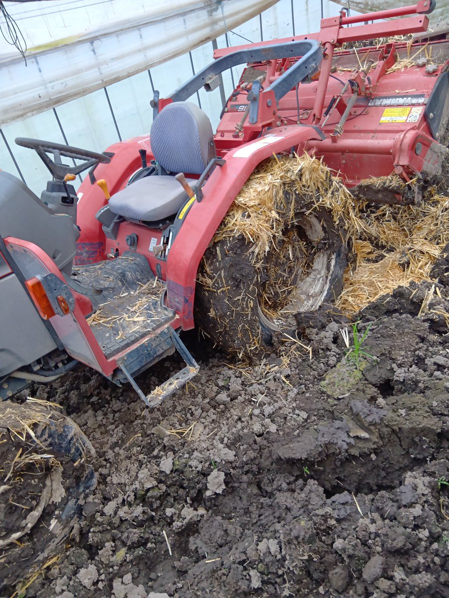 midorinobou2's tweet photo. ビフォーアフター🚜
農家仲間のトラクターがハウス内でハマったとのことで、パワクロで救出😎
田んぼとか道路は何回もあったけど、ハウス内は初かもな〜
脱出のノウハウはお任せあれ😙 https://t.co/S0MC7O2ZGT