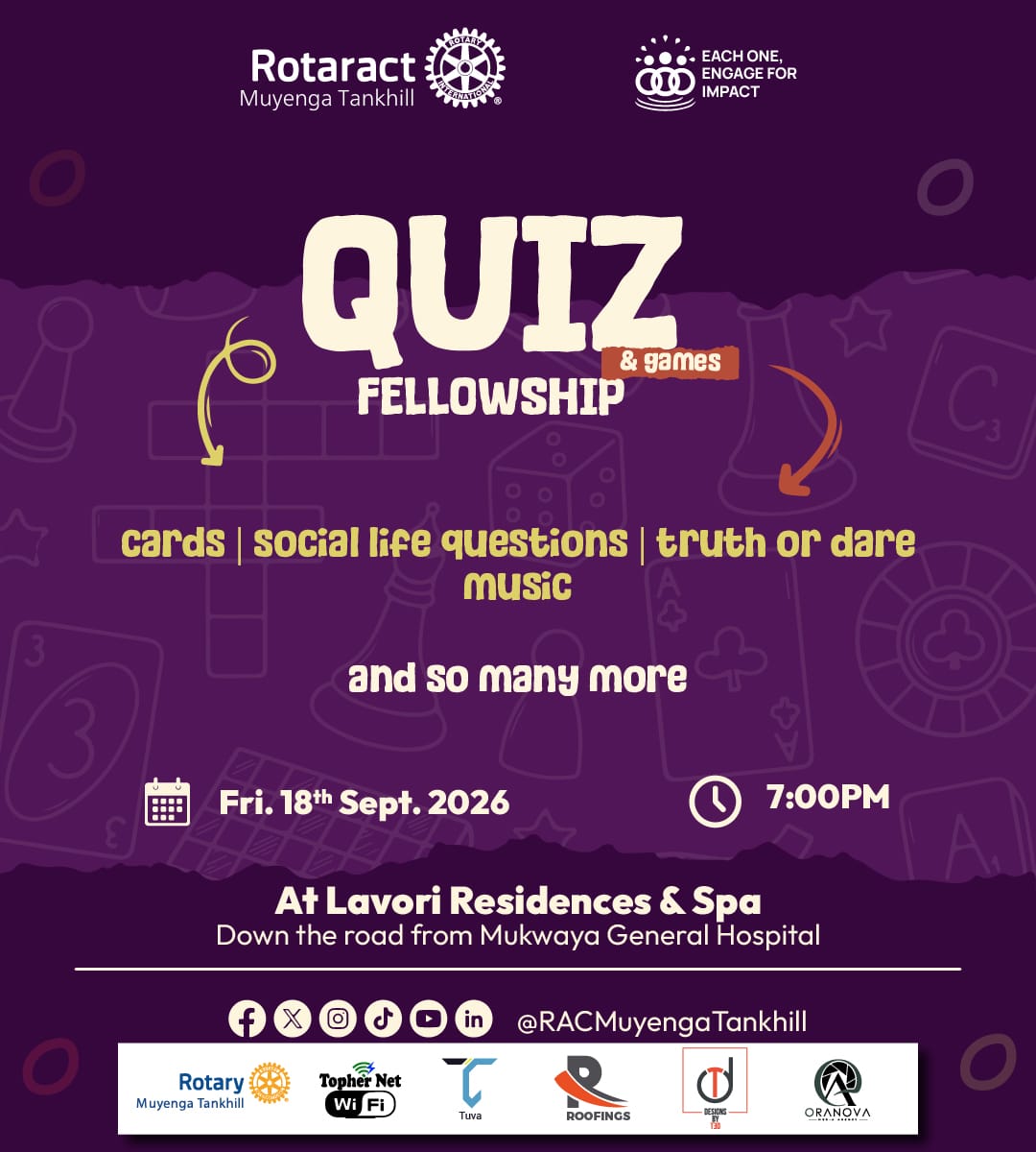 RAC_Tankhill's tweet photo. Quiz &amp; Games Fellowship!🎲💜  

Evening of fun, laughter &amp; friendly competition!  

📅 Fri 18 Sep 2026 | 🕖 7PM  
📍 Lavori Residences &amp; Spa  

Various games await. Everybody welcome — come enjoy the evening with us! 🌟🥳   #TheTankhillers #RACMuyengaTankhill https://t.co/T4DOG6uEcN