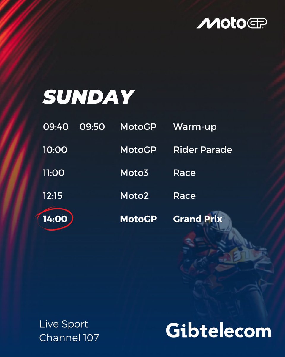 gibtelecom's tweet photo. 🏍️ Austria is up next on the MotoGP calendar.

Catch every session live on our Live Sport channel (107). Swipe for this weekend's schedule.

Get TV + Broadband from £30/month.
📞 20052200 | https://t.co/TYAxOoWJhM

#gibtelecomtv #MotoGP #AustrianGP https://t.co/Ktxmb40tS2