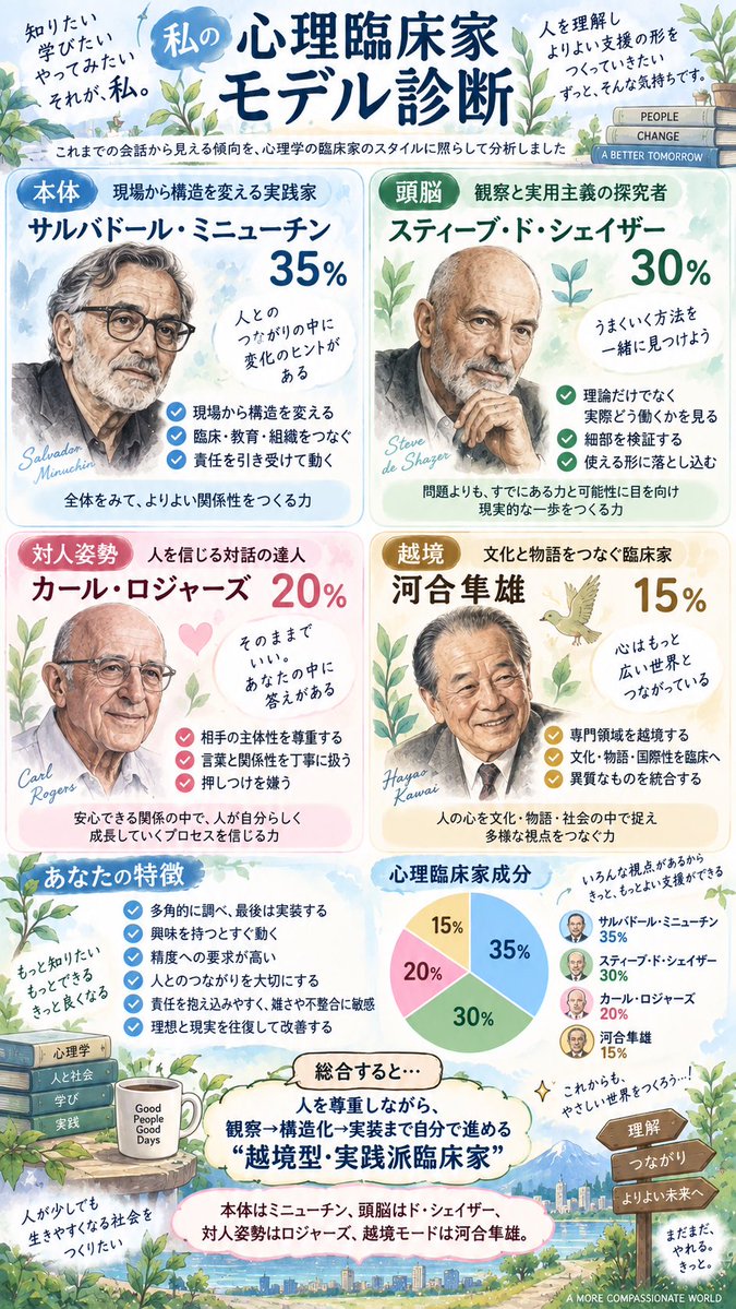 StarryeyedTH's tweet photo. あなたに近い心理臨床家成分は誰？
ChatGPTのプロンプトでこんなのを出してみました。
みんなもやってみて❗️リポスト、引用リポスト、いいねしてね✨

プロンプトはリプ欄にて。 https://t.co/CylaZwNGlP