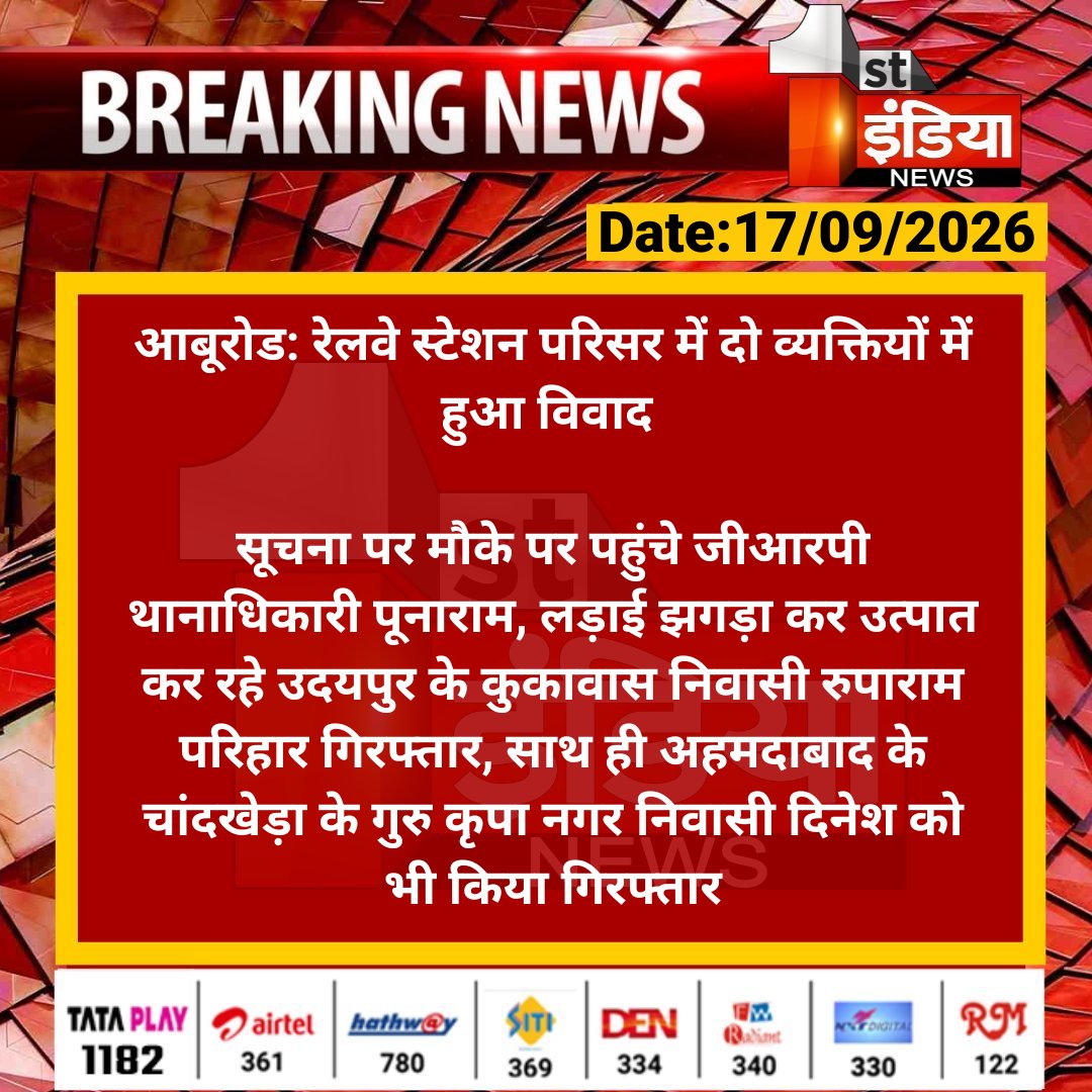 1stIndiaNews's tweet photo. #Sirohi #आबूरोड: रेलवे स्टेशन परिसर में दो व्यक्तियों में हुआ विवाद 

सूचना पर मौके पर पहुंचे जीआरपी थानाधिकारी पूनाराम, लड़ाई झगड़ा कर उत्पात कर रहे उदयपुर के कुकावास निवासी...

#RajasthanWithFirstIndia @RPF_INDIA https://t.co/ThEcubfvQT