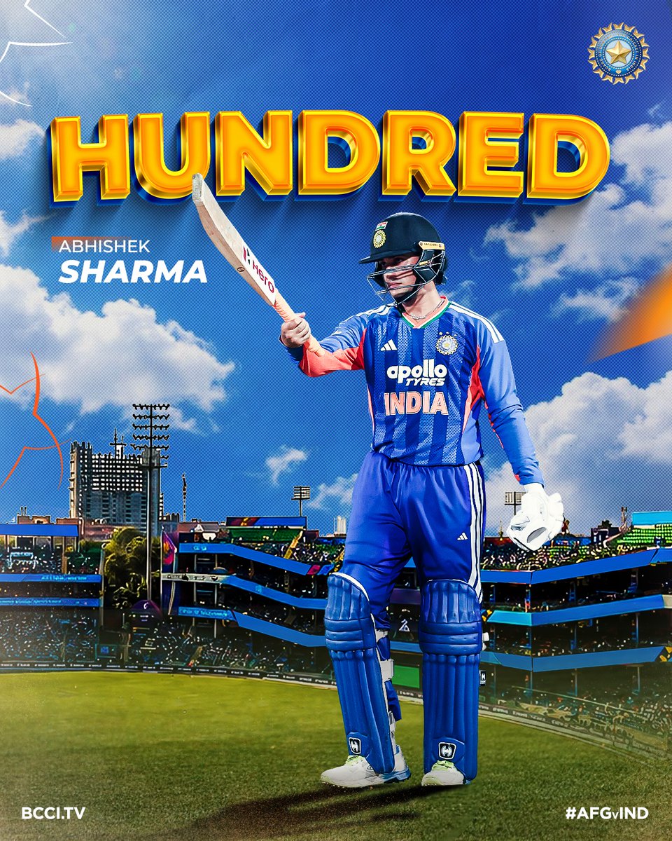 BCCI's tweet photo. 𝐇𝐔𝐍𝐃𝐑𝐄𝐃 💯💯

Abhishek Sharma delights New Delhi 🎆

His 3⃣rd century in T20Is 🫡

Updates ▶️ https://t.co/Zixki4RhPt

#TeamIndia | #AFGvIND https://t.co/SfaRm2MAvs
