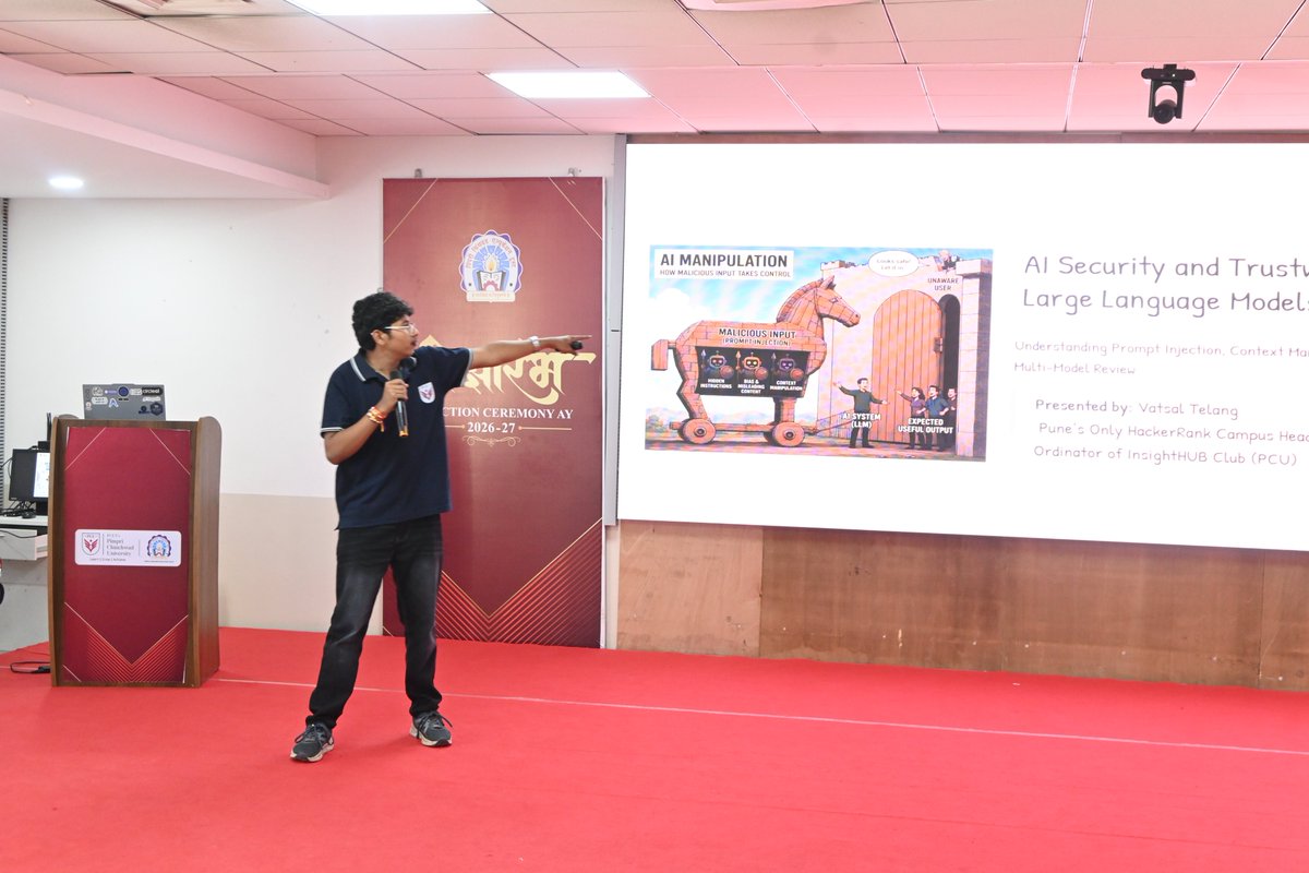 VatsalTelang's tweet photo. Achivement unlock 🔓 
From being an audience in college event and now I'm on stage ❤️ 
Gave my Session on AI Trustworthiness in front of 200+ Students 👀 
Where i covered about Prompt injection,jailbreak,context manipulation methods on an Chatbot, security and Evidence review bot https://t.co/G0O96fTcS3