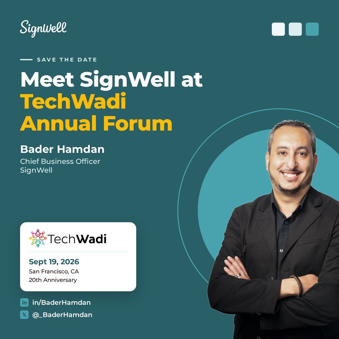 SignWellApp's tweet photo. Our CBO @_BaderHamdan will be at the @TechWadiOrg Annual Forum in San Francisco on Sept 19.
Building a product that needs eSignatures? Let's talk partnerships! #eSignature #SignWellPartners https://t.co/FY30J1YSDq