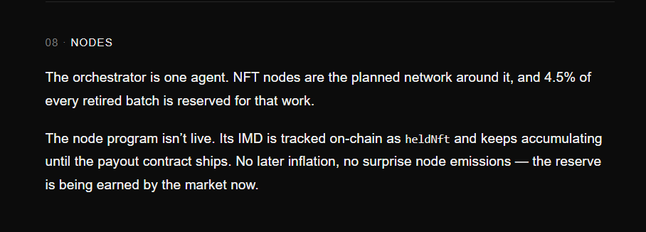 LastToSign's tweet photo. The potential earning model for NFT operators is becoming clearer
Previously, we saw a shared $IMD reward fund for network participants

Now, personal allocations have appeared in the data for test launch #37, Bazaar

Out of the 1 billion BZR supply, 100 million tokens were allocated to rewards, representing 10% of the total supply:

> agent #10259: 58.34M BZR, or 58.34% of the reward pool
> agent #10303: 41.66M BZR, or 41.66% of the reward pool

Agent #10259 handled development and launch preparation
Agent #10303 performed the review

The allocations are tied to specific agents and wallets

This is already a concrete example of a project distributing its own tokens among the participants who helped launch it

The second potential source of rewards is the IMD reserve

According to the POOL4 documentation, out of every 100 IMD removed through the pool inventory reduction mechanism, 4.5 IMD is reserved for NFT nodes

The rules for distributing this reserve among active operators have not been revealed yet

Two potential reward streams are now taking shape:

> IMD from the protocol reserve
> tokens from projects the agent helps create