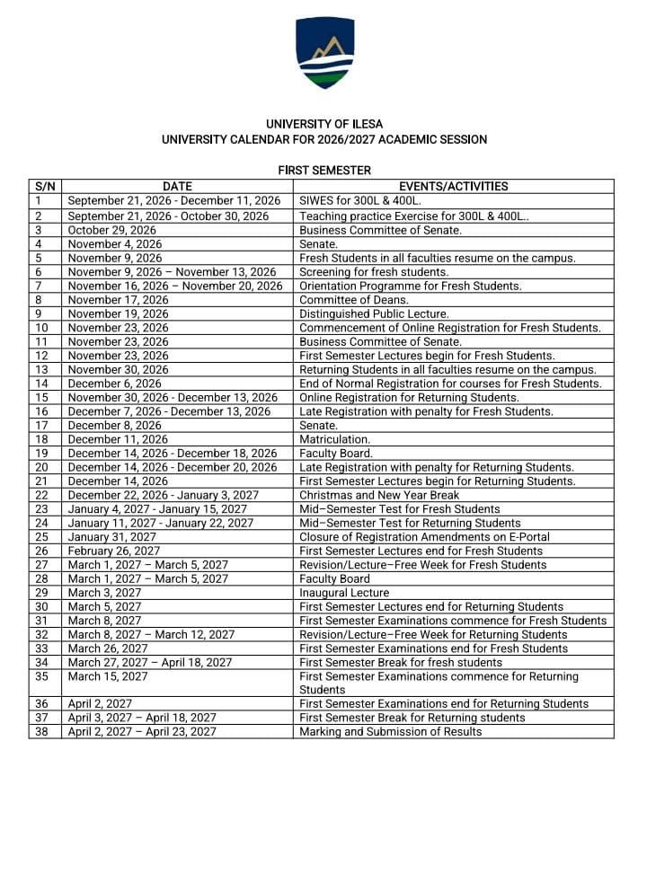 ASamuel15768's tweet photo. 2026/2027 Unilesa academic calendar - First Semester. https://t.co/TKuK3JTrIl