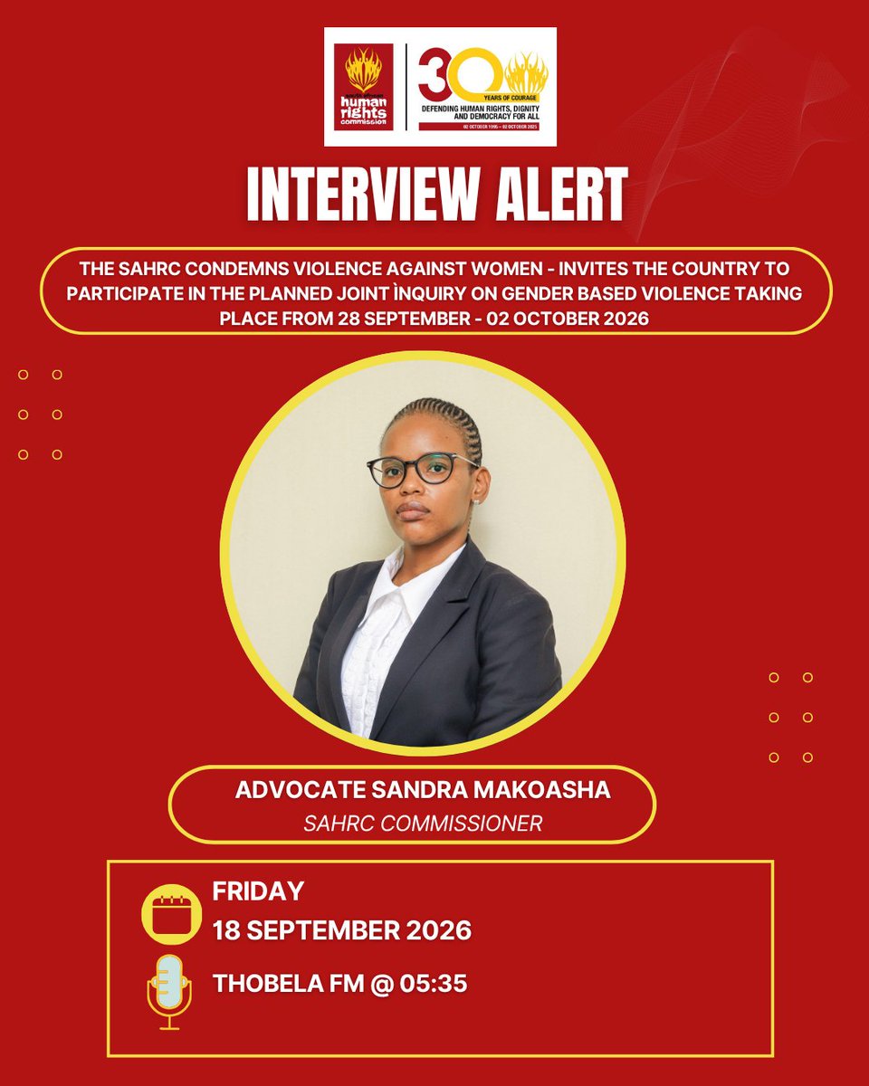 SAHRCommission's tweet photo. Interview Alert

Commissioner Sandra Makoasha on @ThobelaFMYaka discussing #GBVF

The SAHRC condemns violence against women – Invites the country to participate in the Joint Inquiry on GBVF https://t.co/4gOQOcFGwi