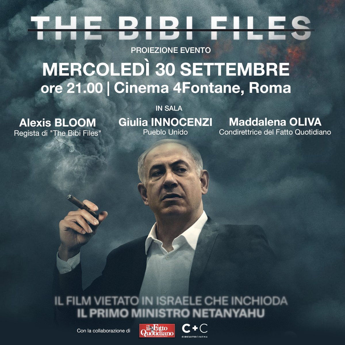 fattoquotidiano's tweet photo. 🚨 A poche settimane dalle elezioni che potrebbero decidere il futuro politico di Netanyahu, arriva in Italia il documentario “The Bibi Files”. 

Grazie alla società Pueblo Unido di @giuliainnocenzi  con Mescalito Film il documentario sarà proiettato:

🗓️ il 30 settembre
📍dal Cinema Quattro fontane di Roma e in collegamento con altre decine di sale.

Una serata evento in media partnership con il Fatto Quotidiano presentata dalla condirettrice Maddalena Oliva insieme a Giulia Innocenzi. 

Per prenotarvi alla proiezione di Roma qui 👇  https://t.co/jvzzEcm6ZB