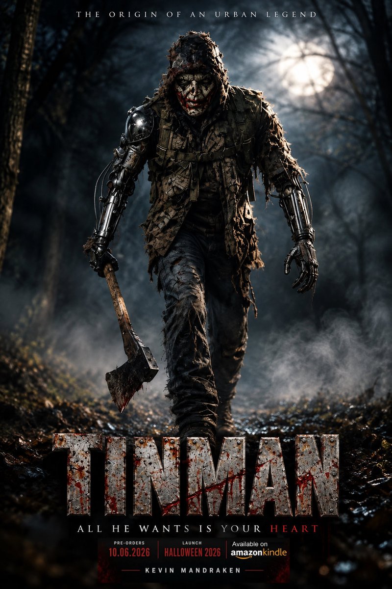 KevinManDraken's tweet photo. TINMAN: The Origin of an Urban Legend

The woods are hiding a terrifying new nightmare. Check out the striking cinematic poster for TINMAN, a dark re-imagining that turns a classic tale into a bone-chilling horror story.

Poster Breakdown
 The Title & Tagline: Bold, blood-spattered lettering spells out TINMAN, underscored by the chilling tagline: "All he wants is your heart."

 The Figure: A haunting, hybrid creature emerges from a dark, moonlit forest, combining ragged clothing with exposed robotic metal arms.

 The Weapon: He grips a heavy, blood-stained axe, setting a menacing tone for what’s to come.

 The Creative Team: Written/created by Kevin Mandraken.

Release & Availability Details

If you're ready to dive into this dark urban legend, keep these key dates in mind:

 Pre-Orders: Open on 10.06.2026
 Official Launch: Halloween 2026
 Platform: Available on Amazon Kindle

What are your thoughts on this creepy horror spin? Will you be adding it to your reading list this Halloween?

#Tinman #Splatterpunk #ExtremeHorror #BodyHorror #UrbanLegend #HorrorCommunity #IndieAuthor #HorrorBooks #Halloween2026
