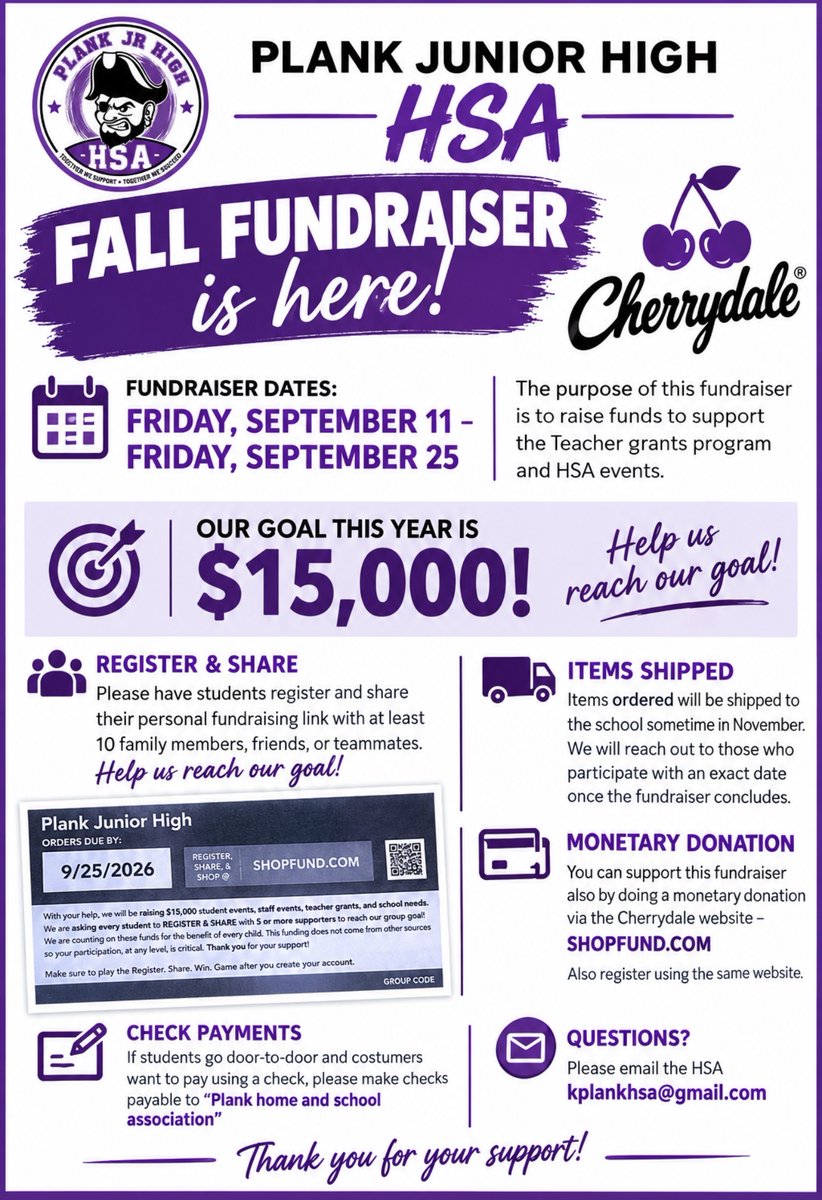 plank308's tweet photo. 💜 Plank Junior High HSA Fall Fundraiser! 🎉

📅 September 11–25, 2026

Goal: $15,000 to support teacher grants, HSA events &amp; student activities! Register, share your link, shop, or donate at https://t.co/aX55pW5DbM.

Thank you for your support! 💜🏴‍☠️
#PlankPride #HSA #Fundraiser https://t.co/4MSkSJHO3i