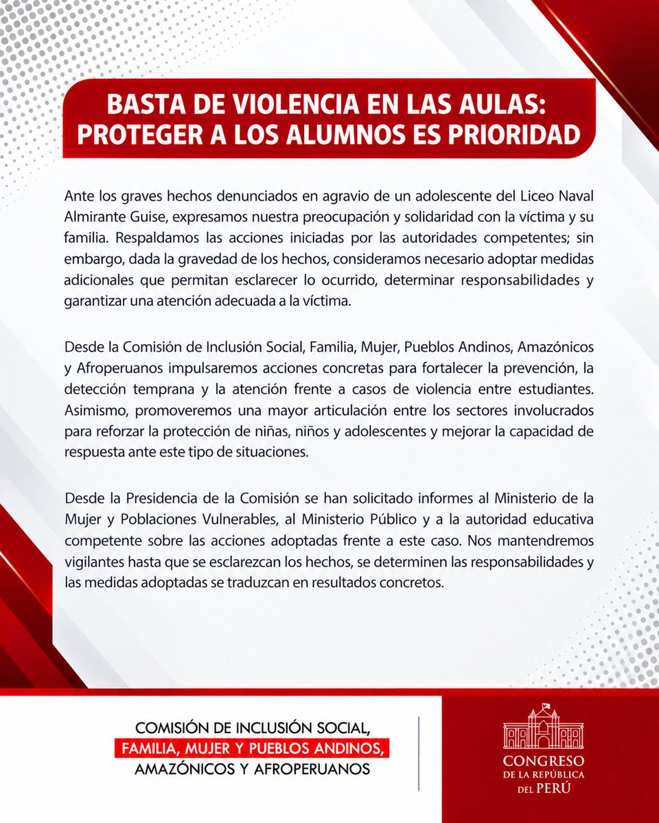 CInclusionFMPAA's tweet photo. Frente a los graves hechos denunciados en el colegio Liceo Naval Almirante Guise, informamos lo siguiente: https://t.co/zghWq6VtgU