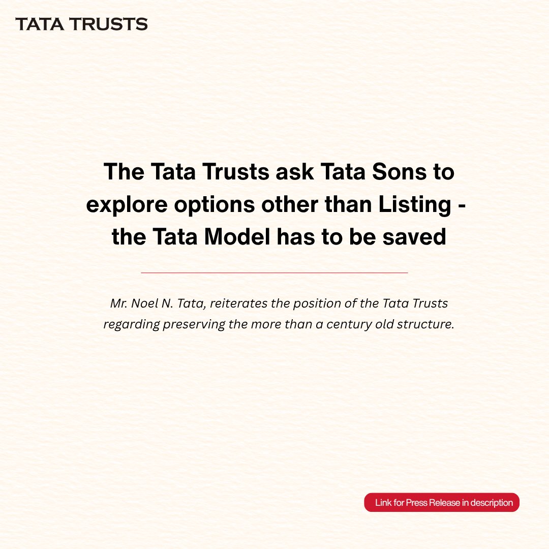 tatatrusts's tweet photo. The Tata Trusts reaffirm their position on the listing of Tata Sons, emphasising the need to safeguard the Tata Model.

Read the full statement: https://t.co/VfIb3b0B2n https://t.co/1LP2VquKUp