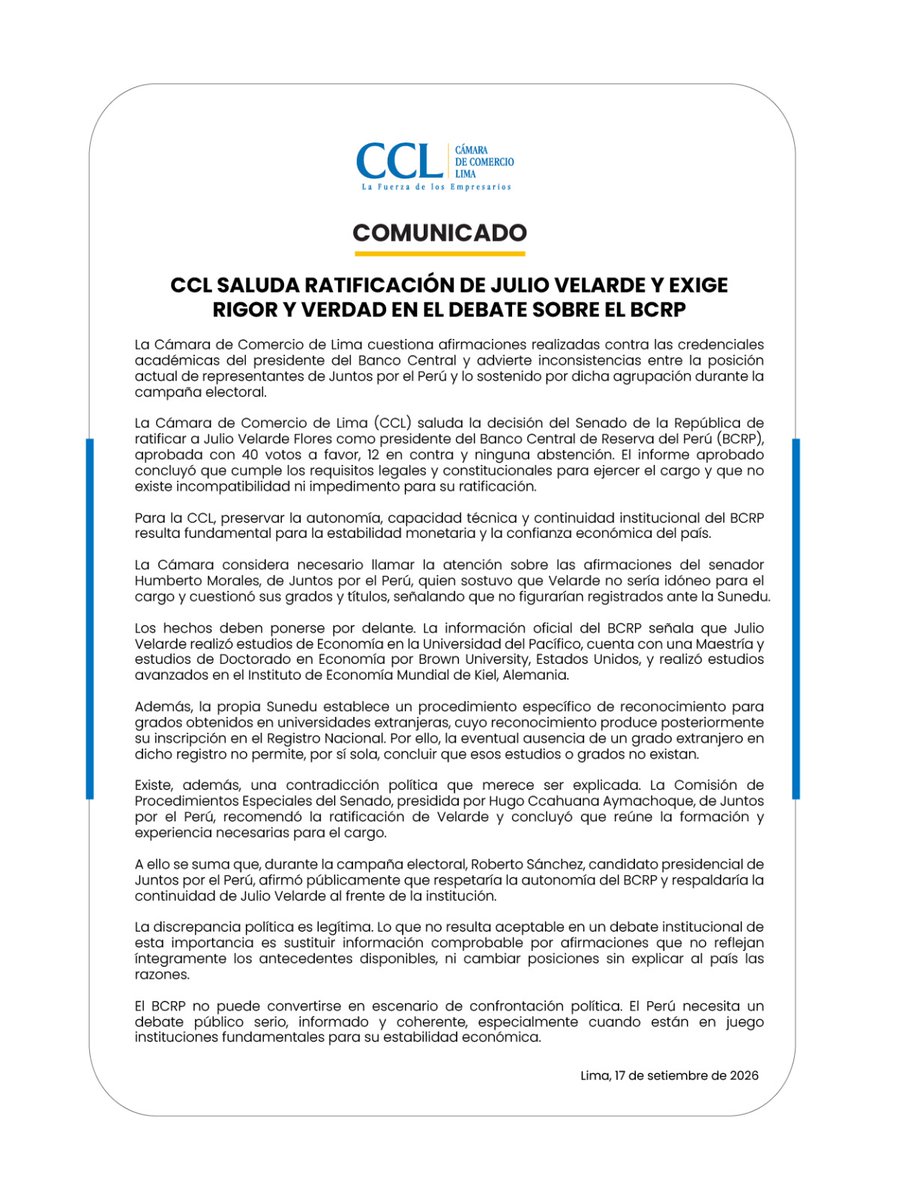camaradelima's tweet photo. #Comunicado | Saludamos la ratificación de Julio Velarde al frente del Banco Central de Reserva del Perú. Esta medida brinda certidumbre a los mercados, consolida la estabilidad monetaria y refuerza la confianza para las inversiones en el país.

Mira nuestro comunicado aquí

#Ahora #Actualidad #LoÚltimo 

@congresoperu   |  @GobiernoPeru_  | 
@presidenciaperu  |  @pcmperu  |  @bcrpoficial

@Agencia_Andina @Gestionpe @larepublica_pe @elcomercio_peru @peru21noticias @ExpresoPeru @exitosape @RPPNoticias @ForbesPeru @EconomiaRevista @Latina_Noticias @americatv_peru @PanamericanaTV @atv_noticias @noticias_tvperu @canalN_