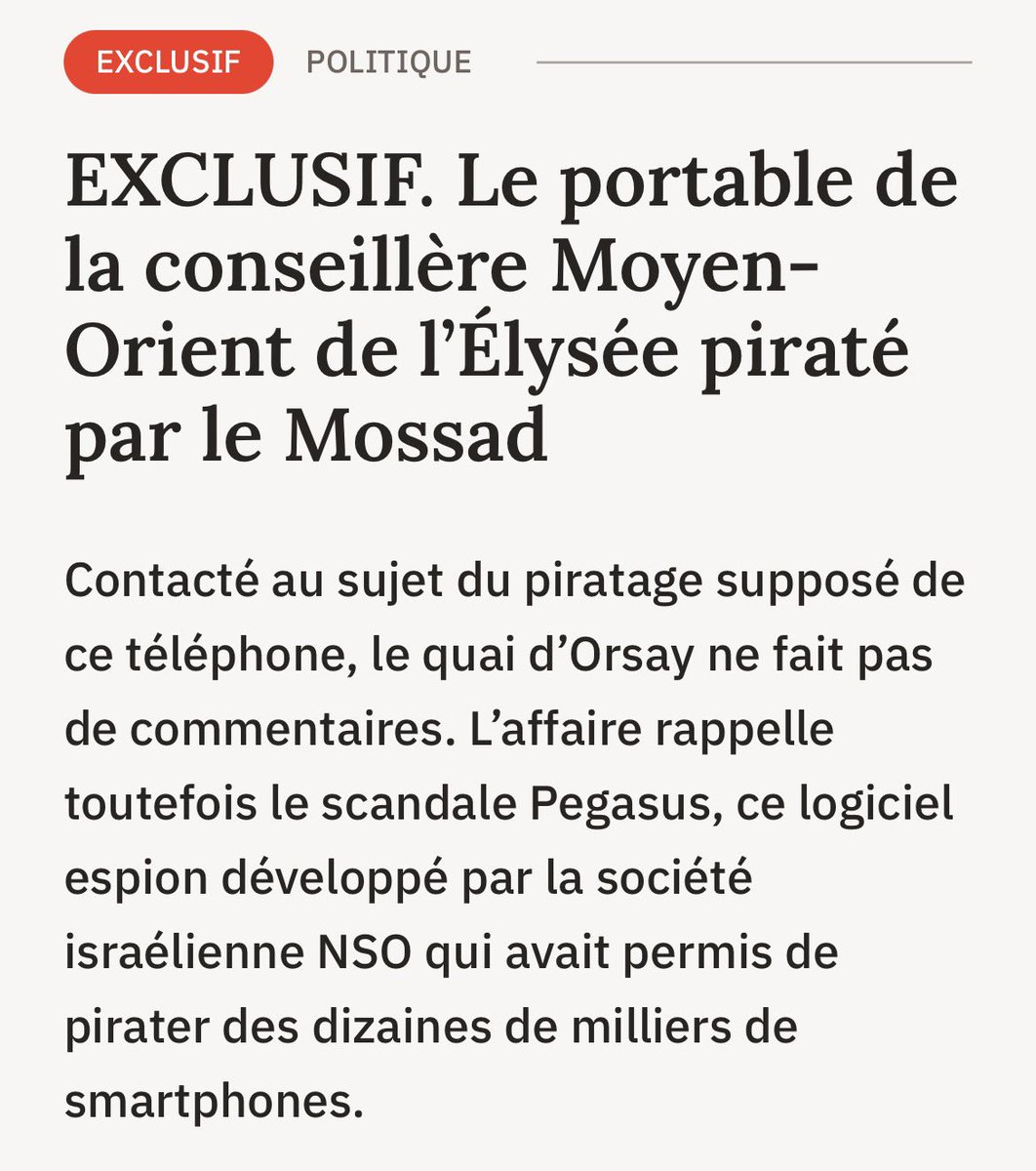 Lambdactu's tweet photo. 🇫🇷🇮🇱- Le Mossad a piraté le portable de la conseillère Moyen-Orient de l’Élysée.

- Ce n’est pas la première fois qu’Israël mène des opérations d’espionnage ou des cyberattaques contre la France, en plus de faire ouvertement de l’ingérence dans les élections françaises. https://t.co/YBbeRNxvyM