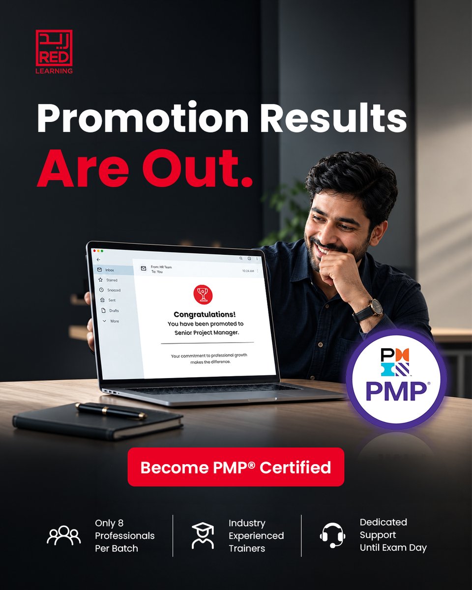 red_learning's tweet photo. Promotion results are announced in a moment.

The preparation behind them takes months.

Become PMP® certified with Red Learning.

✔ Small batches
✔ Expert trainers
✔ Support until exam day

Your next promotion starts today. 
https://t.co/BMCr7Gej9u https://t.co/V4P0BMucMU