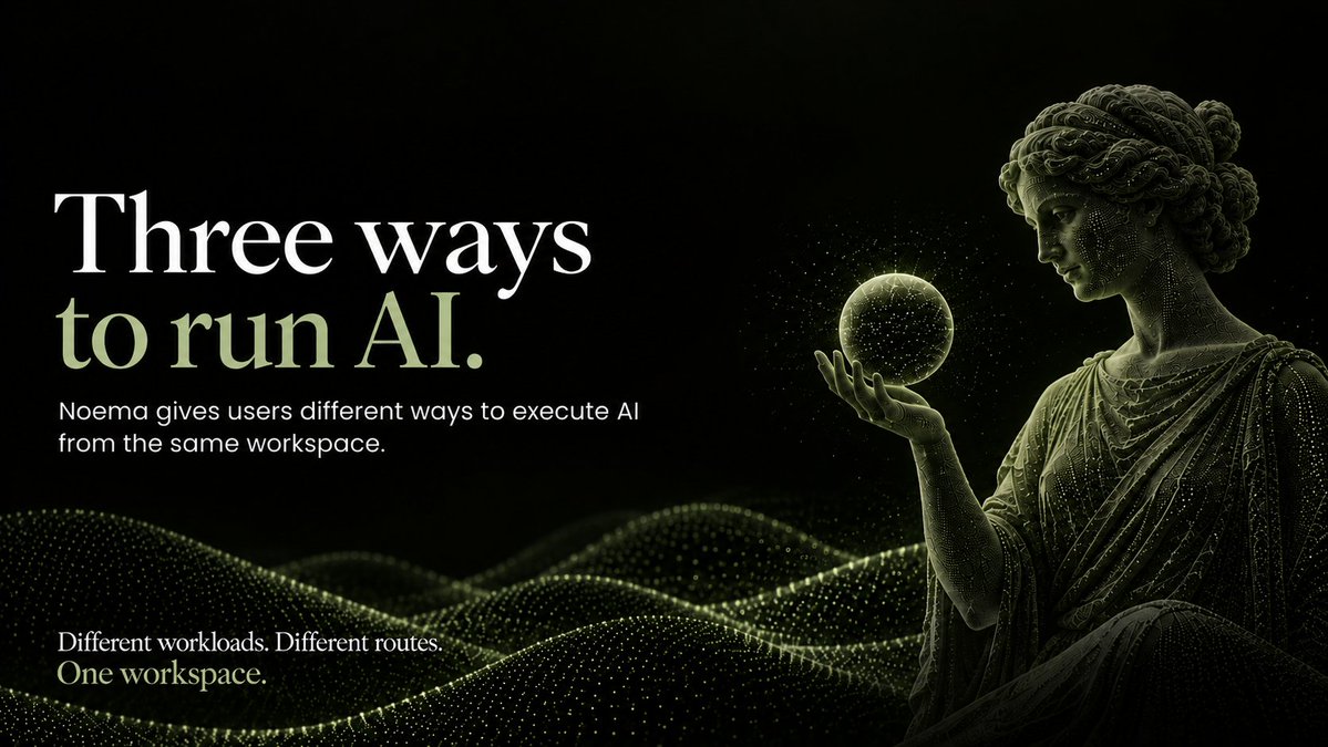 noemanetwork's tweet photo. Three Ways to Run AI

Not every workload should follow the same execution path. $NOEMA gives you multiple ways to run AI from a single workspace:

Your Browser: Run supported models directly on the device you’re using.
Your Machine: Connect to a compatible local model server running on hardware you control.
Noema Router: Access remote models when the task requires additional capability or compute.

The execution path can change with the workload without changing the workspace.

https://t.co/2JNMKL2Pk4