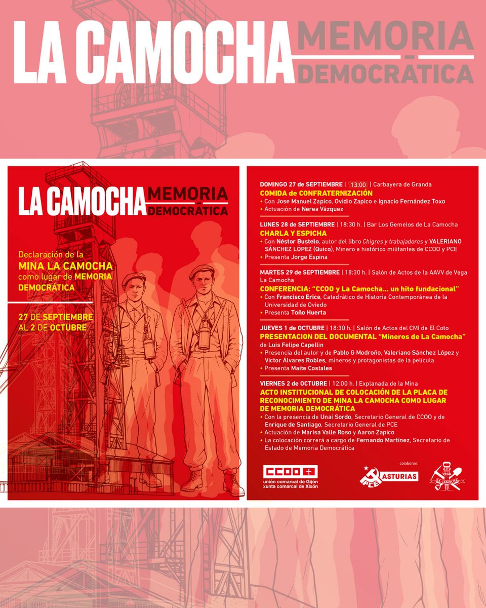 CCOOXixon's tweet photo. ⚒️ Este es el programa completo de los actos por la declaración de 𝗠𝗶𝗻𝗮 𝗟𝗮 𝗖𝗮𝗺𝗼𝗰𝗵𝗮 como 𝗟𝗨𝗚𝗔𝗥 𝗗𝗘 𝗠𝗘𝗠𝗢𝗥𝗜𝗔 𝗗𝗘𝗠𝗢𝗖𝗥𝗔́𝗧𝗜𝗖𝗔

📷 Y recuerda, el 𝗗𝗼𝗺𝗶𝗻𝗴𝗼 𝟮𝟳, celebraremos una comida de confraternización

+Info: https://t.co/1llTqE9oUh https://t.co/yDmsLzjvjF
