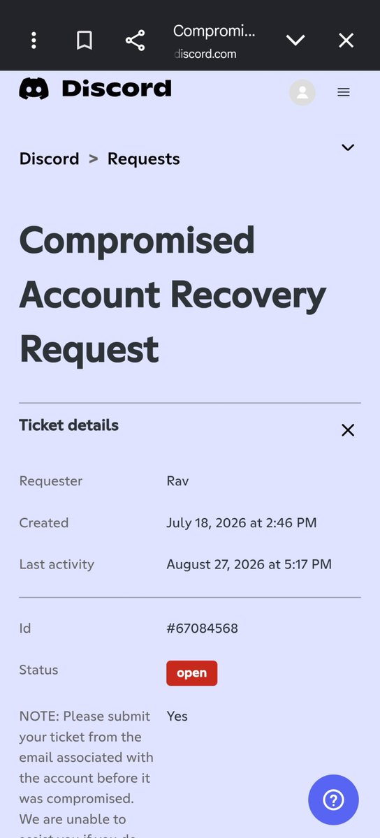 xledr57's tweet photo. "Hi @DiscordSupport @Discord my account was compromised and the hacker stripped ownership of my 500+ member server. Ticket #67084568 is pending over 2 months. but this is an account hack. I have full ownership proof and receipts. Please escalate to a human agent! 🙏"
@discord https://t.co/aBaeVG2Inj