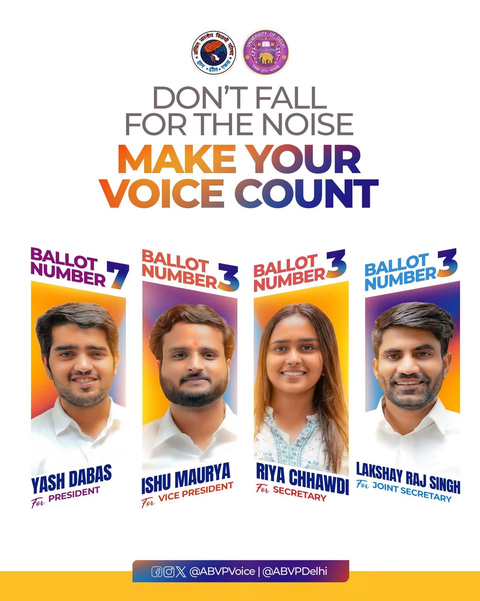 yagywalkya's tweet photo. DU के छात्रों ने पुकारा ABVP फिर एक बार ......

दिल्ली विश्वविद्यालय के सभी विद्यार्थियों से छात्र हित में एक सशक्त छात्रसंघ का चयन करने के लिए ज्यादा से ज्यादा मतदान करने और ABVP के चारों प्रत्याशियों को अपना बहुमूल्य वोट देकर भारी मतों से विजयी बनाने का आग्रह किया:

यश डबास - अध्यक्ष पद हेतु 7️⃣
इशू मौर्य - उपाध्यक्ष पद हेतु 3️⃣
रिया छाबड़ी - सचिव पद हेतु 3️⃣
लक्ष्यराज सिंह - संयुक्त सचिव पद हेतु 3️⃣

#ABVP4DUSU #DUSU7333 #ABVP7333
