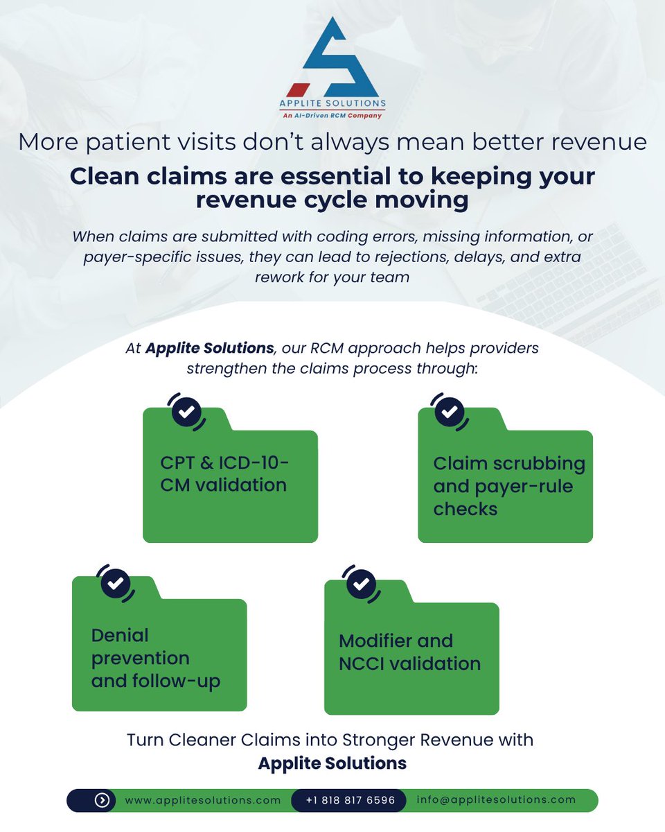Applite_LLC's tweet photo. More patient visits don’t always mean better revenue.
Clean claims do.
Coding errors, missing information, and payer-rule issues can create rework, delays, and lost revenue.
Build a cleaner claims process with Applite Solutions.
#RCM #MedicalBilling #Healthcare https://t.co/DxixJrA6uS
