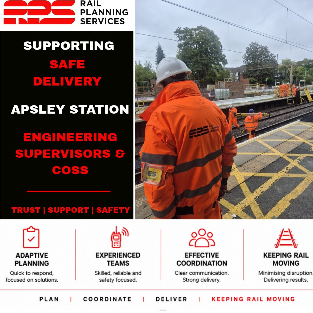 PlanningRail's tweet photo. Supporting safe delivery at Apsley Station, with RPS Engineering Supervisors and COSS assisting Taziker during accessibility upgrade works. 🚧🚆 #RailSafety #TeamRPS https://t.co/1GNWNf3rLT