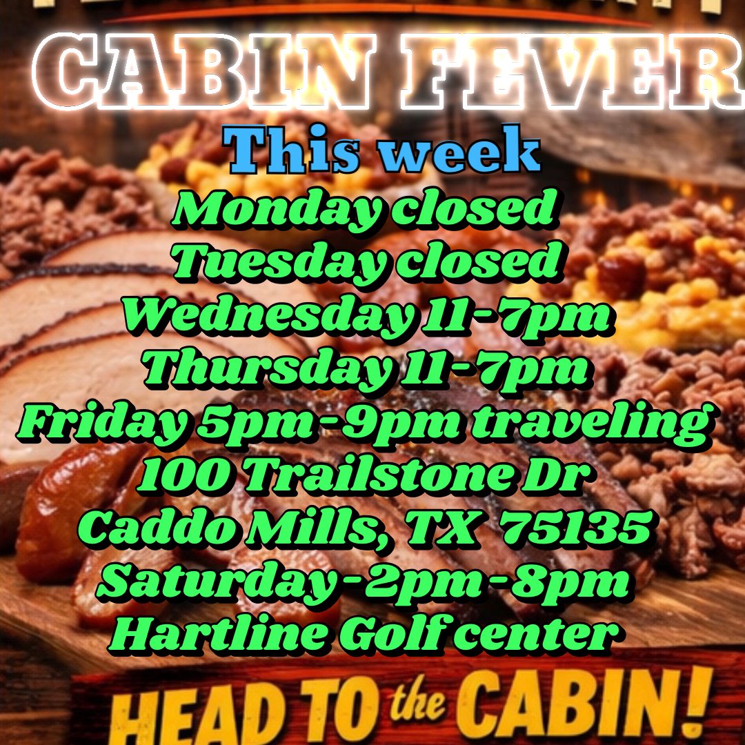 NinaTreola's tweet photo. Please note our updated hours this week
Monday: Closed 
Tuesday: Closed 
Wednesday: 11 AM–7 PM 
Thursday: 11 AM–7 PM 
Friday: Traveling, 5–9 PM at 100 Trailstone Dr, Caddo Mills, TX 75135 
Saturday: 2–8 PM at Hartline Golf Center 

We apologize for https://t.co/sgYdQoHssj