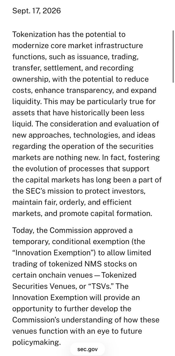 thescottbessen's tweet photo. 💥BOOM! 

🚨IT'S OFFICIAL: 🇺🇸 The SEC is GRANTING a temporary exemption to ALLOW limited ON-CHAIN trading of TOKENIZED shares.

AMERICA WILL BE THE CRYPTO CAPITAL Of THE WORLD! 🔥 https://t.co/MyLvGeaQlJ