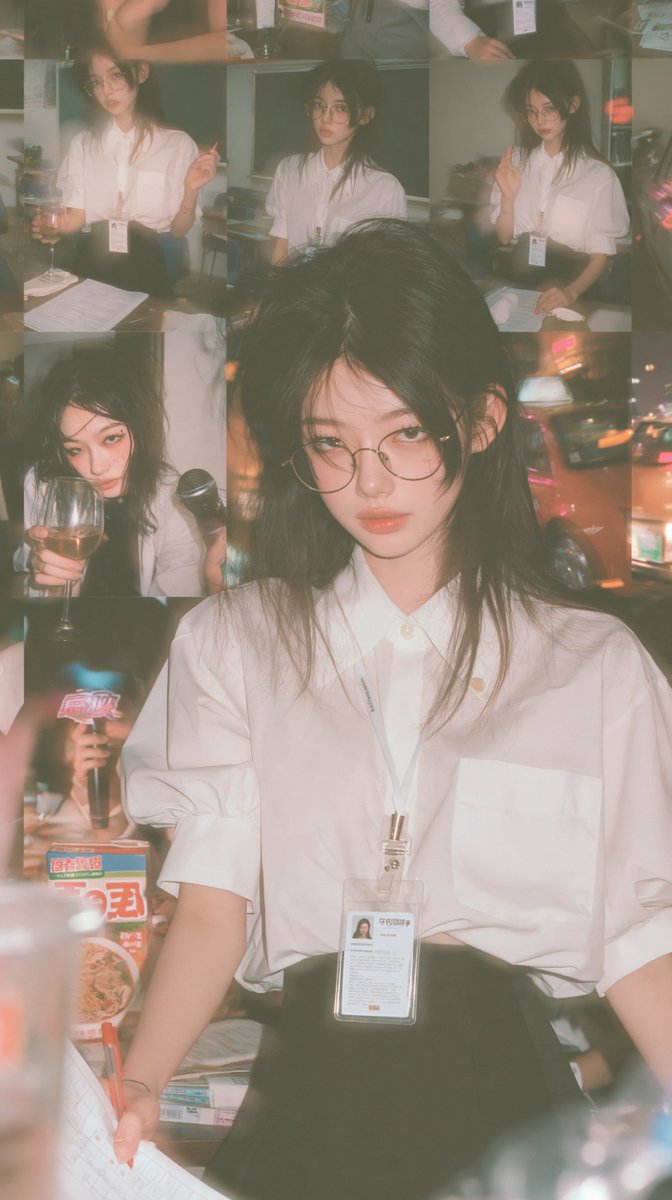 boniusex's tweet photo. 哇塞 这个眼镜戴上就像是中学叛逆的小太妹如今当老师的感觉

prompt:
ultra realistic iPhone Photos app screenshot, full phone screen, one page only, 35-50 thumbnails, same adult East Asian female homeroom teacher across all thumbnails, stern strict class teacher vibe, serious, authoritative, disciplined, white blouse, black skirt, glasses, chalkboard, grading papers, red pen, classroom and office scenes, teacher ID badge always hanging from her neck, contrast with late-night slightly drunk private moments: holding a wine glass, karaoke microphone, messy hair, tired smile, smudged eyeliner, convenience store noodles, taxi ride after midnight, leaning against the window, birthday dinner, night city lights, all while the teacher badge is still visible, every thumbnail combines discipline and looseness together, realistic iPhone camera roll, candid, raw flash, natural skin texture, slight motion blur, imperfect snapshots, authentic iOS Photos app UI