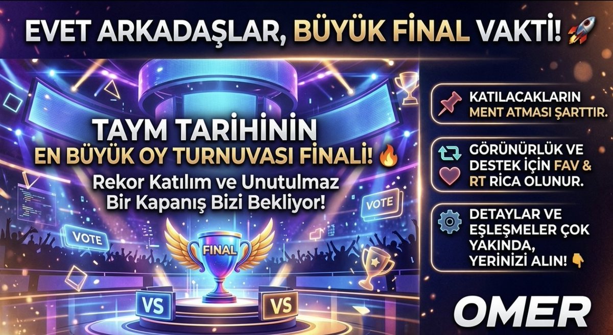 mavididi99's tweet photo. Evet arkadaşlar, büyük final vakti! 🚀

​Zamanında bu tayma kazandırdığım oy 
turnuvalarının hem kendi adıma sonuncusunu hem de timeline tarihinin en büyük finalini yapıyorum.

​Rekor katılımlı, unutulmaz ve bayağı uzun sürecek bir kapanış bizi bekliyor. Heyecan tavan!

​📌 Katılacakların ment atması şarttır.
🔁 Görünürlük ve destek için Fav & RT rica olunur.

​Detaylar ve eşleşmeler çok yakında, yerinizi alın! 👇