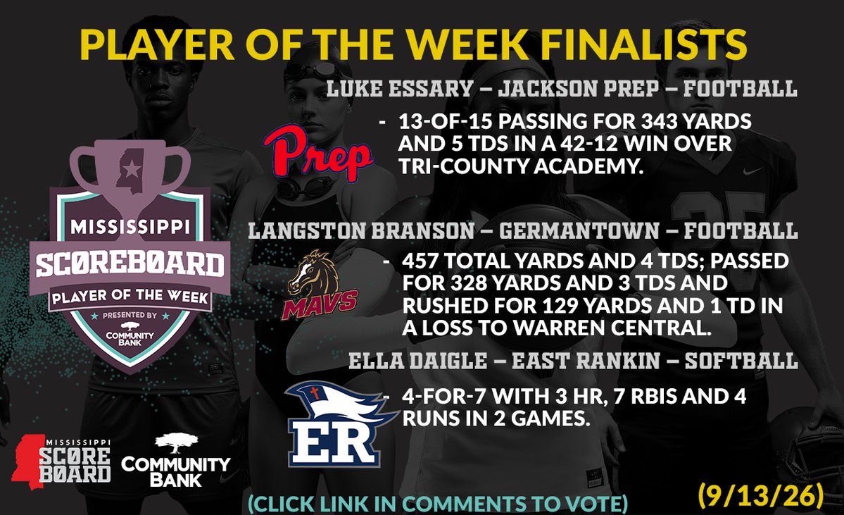 msscoreboard's tweet photo. Be sure to vote for this week's MSB Player of the Week presented by Community Bank! @MyCommBank 

Click here to vote:
https://t.co/L8uijQa2u0

@misshsaa @msais @GHSMavericks @JPsports @EastRankinAth 
#playeroftheweek https://t.co/ijJ9WT06cg