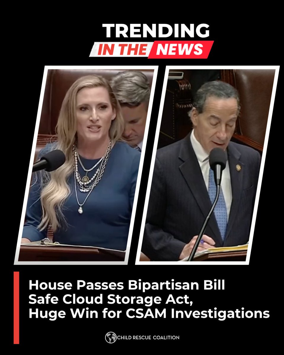 ChildRescueCo's tweet photo. 🚨 BREAKING: The SAFE Cloud Storage Act has passed the U.S. House with bipartisan support. The bill strengthens secure cloud storage for CSAM evidence, helping law enforcement modernize investigations, move cases faster, identify victims sooner, and pursue offenders. https://t.co/sV9396kN9t