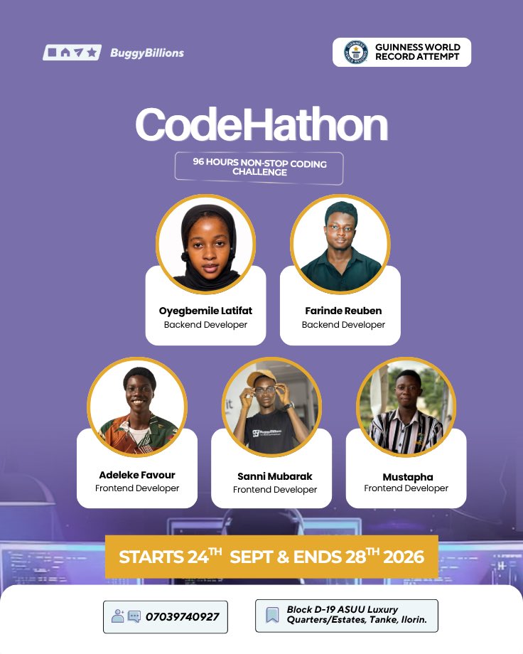 BuggyBillionsng's tweet photo. The countdown is on! Meet the brilliant developers taking on the BuggyBillions CodeHathon, a 96 hour non stop coding challenge pushing creativity, skill and endurance to the limit.

#BuggyBillions #CodeHathon #GuinnessWorldRecords #TechInNigeria #CodingChallenge https://t.co/hXcITejqlf