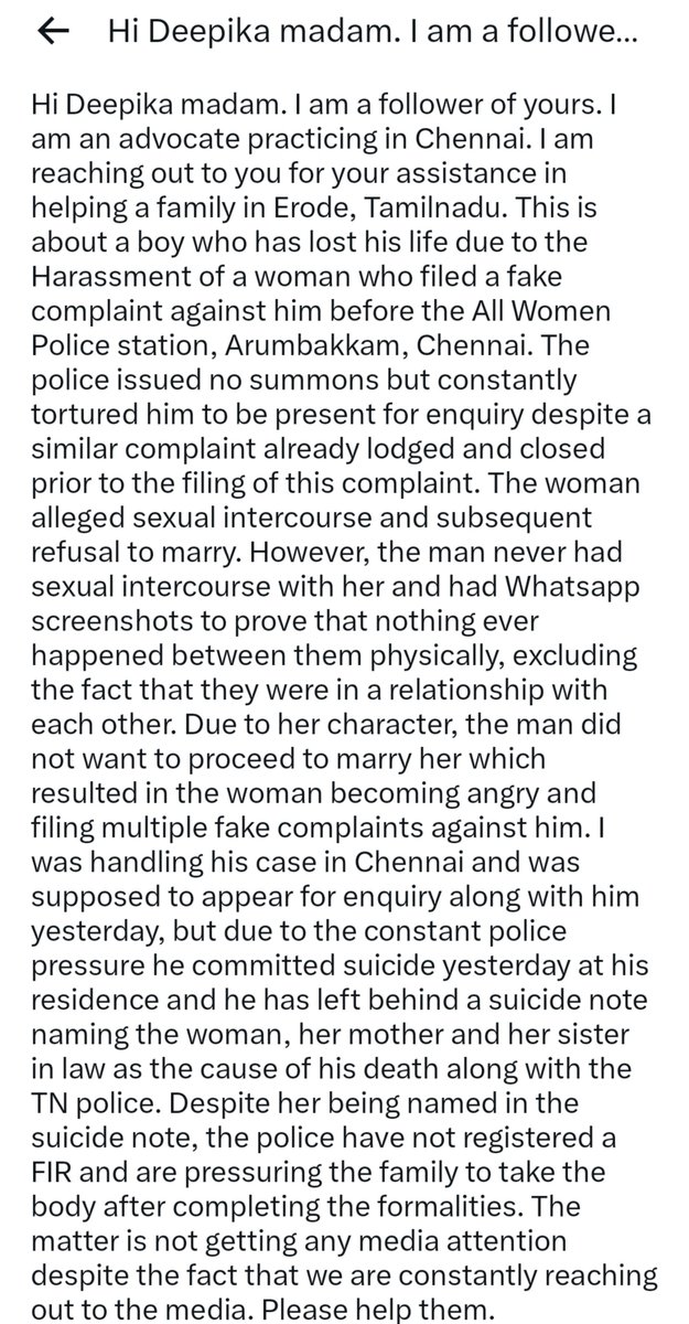 DeepikaBhardwaj's tweet photo. CHENNAI : SUICIDE BY MAN DUE TO FAKE CASE OF FALSE PROMISE OF MARRIAGE 

MAN DID NOT EVEN HAVE SEX WITH HER BUT JUST BECAUSE SHE CLAIMED, FIR REGISTERED BY CHENNAI POLICE & ALLEGED TORTURE OF MAN BEGAN 

Now police not registering FIR against woman and her family 

SEEKING HELP FROM JOURNALISTS IN CHENNAI TO KINDLY COVER. DM ME FOR NUMBER OF THIS PERSON