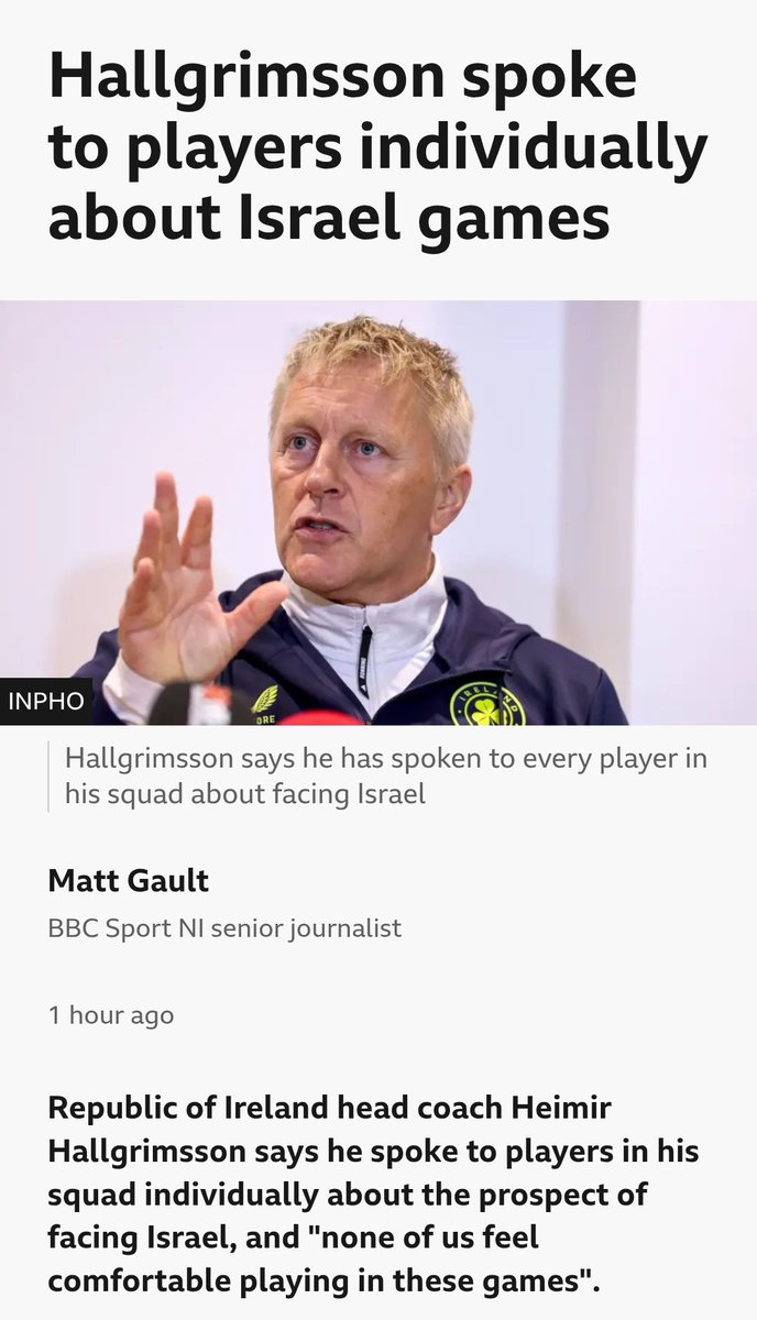 rfwalsh86's tweet photo. None of the staff and players are comfortable playing the games vs Israel. RTE is not comfortable to broadcast them or its workers work for them. Government ministers not comfortable to attend them. Irish public dont want them played. Why are they going ahead 🤷‍♂️ #stopthegame https://t.co/lvFPttCNqw