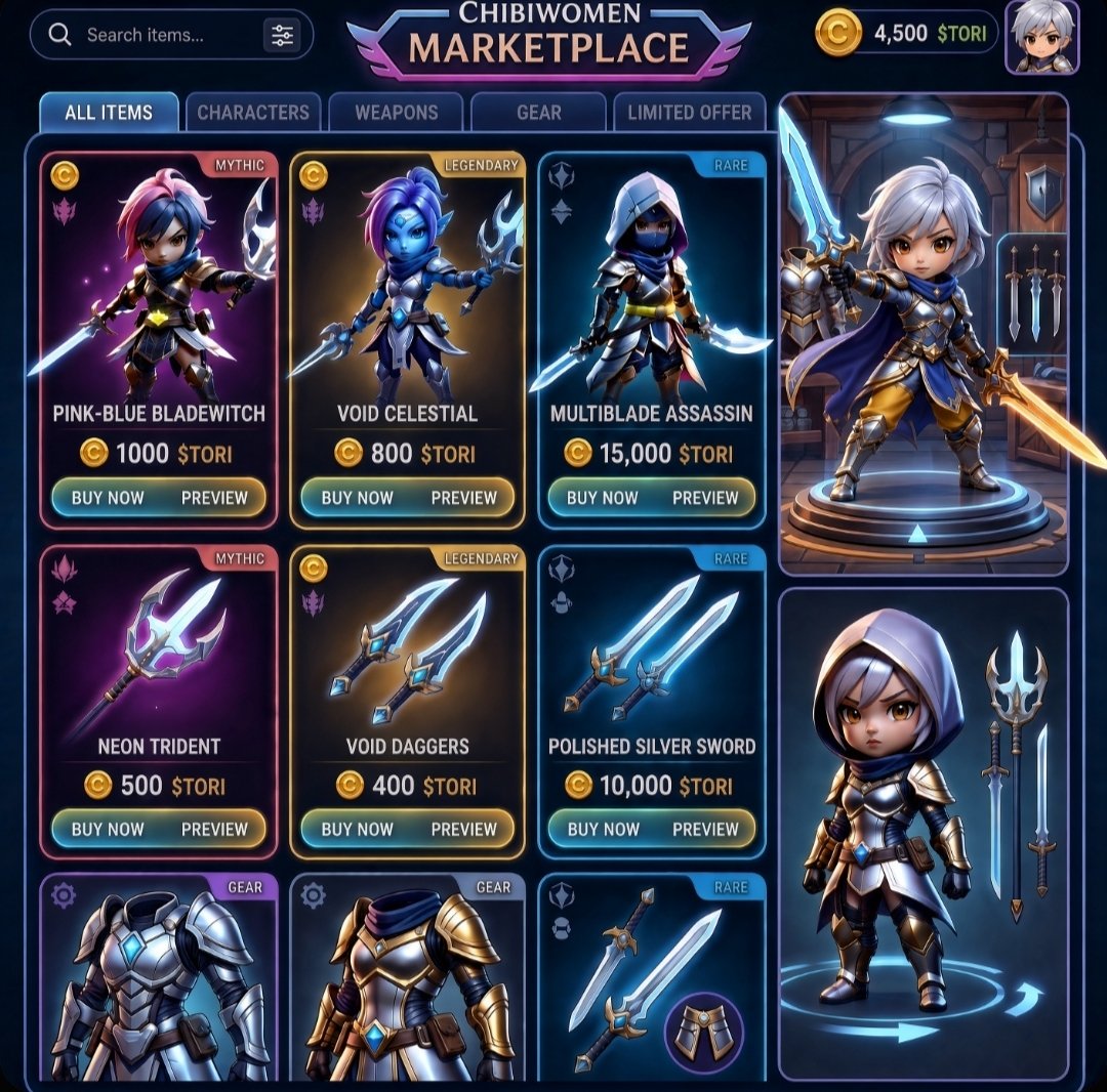 ChibiWomenW's tweet photo. ⚔️ ChibiWomen Marketplace is no longer a prototype.

One token. One economy.
$TORI runs the entire game.

In the marketplace you buy:
• ChibiWomen (Mythic / Legendary / Rare)
• Weapons
• Gear
• Limited Offers

No gold. No gems. No confusing dual currency.
If you want it, you pay in $TORI.

Real in-game utility:
1. Buy and equip characters
2. Upgrade loadouts (swords, armor, tridents)
3. Access Limited Offers
4. Move value between players in the same market

Less friction. More clarity.
The economy makes sense in 3 seconds.

ChibiWomen doesn’t collect vanity skins.
It collects units that enter combat.

$TORI is not a ticker sitting in the HUD.
It’s the fuel of the shop.

Search → Preview → Buy Now.
That’s the loop.

Who’s entering the marketplace first?

#ChibiWomen $TORI #GameFi #Web3Gaming