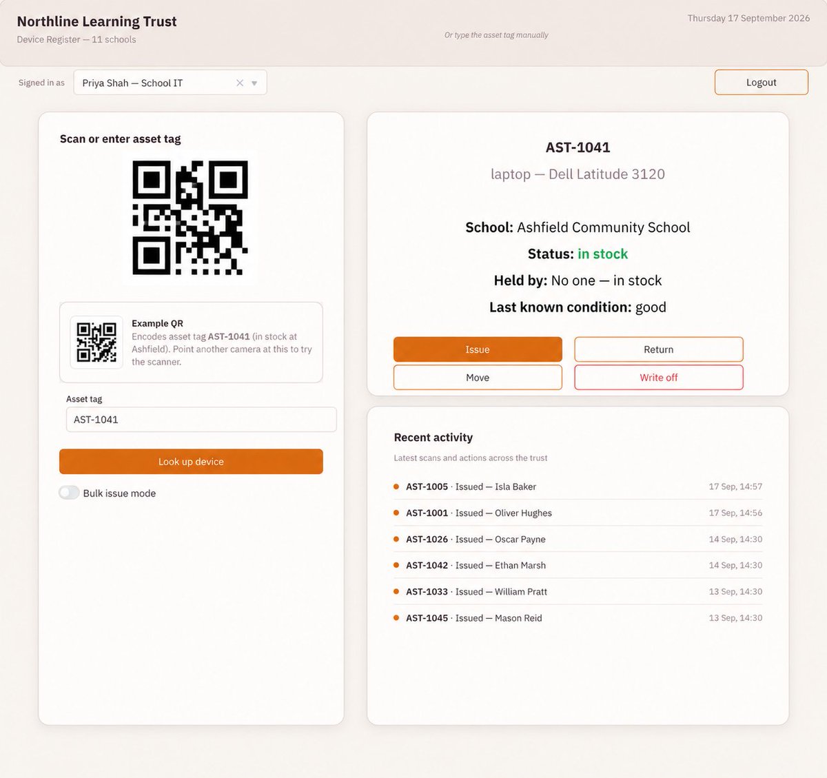 Athulya___'s tweet photo. Day 9 of Building @ToolJet Apps With My Own AI Agents 🚀  

School Device Register with @OpenAI's Luna  
 
Tracks every laptop, tablet across a group of schools who holds it, which site it belongs to, and what state it came back in.

try it -> https://t.co/m6RhXQhNTA 
#ai #mcp https://t.co/sYkd6ct6bz