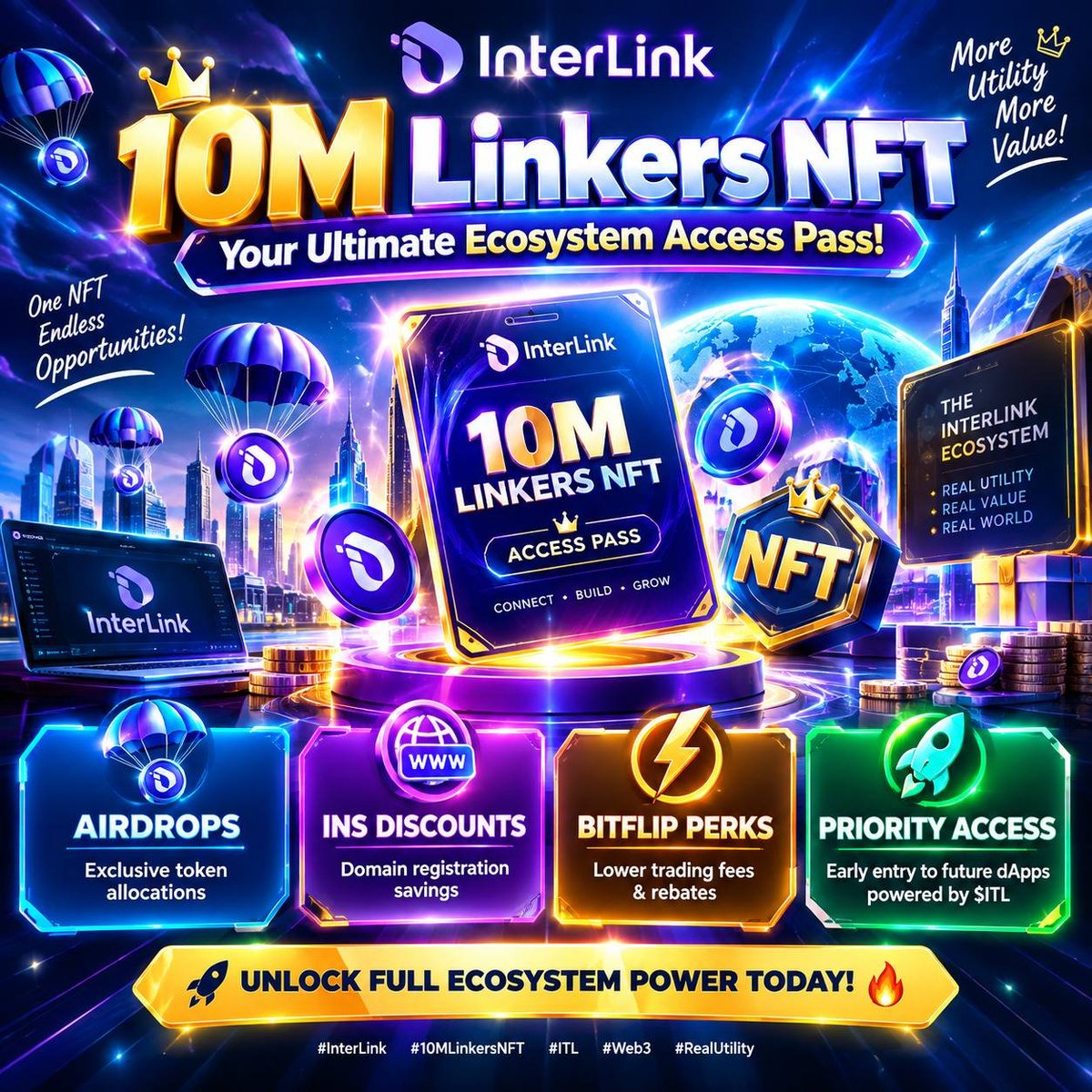 Chhai007's tweet photo. 🎉 10M Linkers NFT: Your Ultimate Ecosystem Access Pass!

🪂 Airdrops: Exclusive token allocations
🏷️ INS Discounts: Domain registration savings
⚡ Bitflip Perks: Lower trading fees &amp; rebates
🚀 Priority Access: Early entry to future dApps powered by $ITL

#InterLink #ITL #ITLG https://t.co/A2yTzdnXta