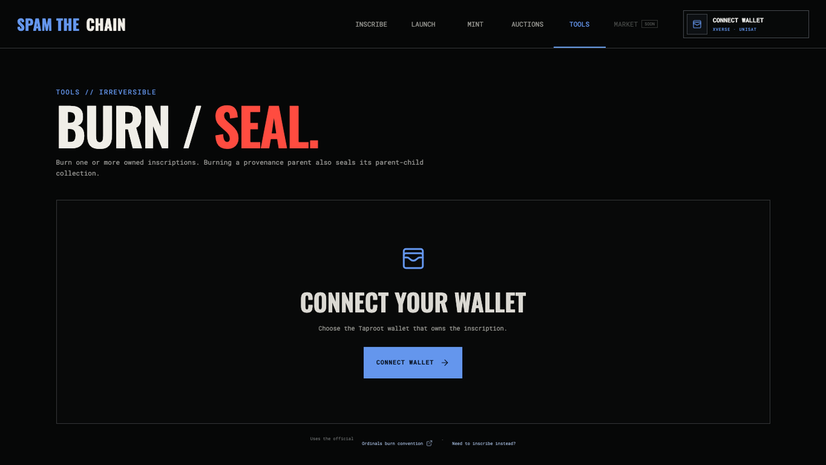 spamthechain's tweet photo. Burn up to 50 owned inscriptions in one Bitcoin transaction, with clear warnings for parent collections and special sats. Nothing broadcasts until you complete the irreversible-action review. https://t.co/3N72BxG6XJ