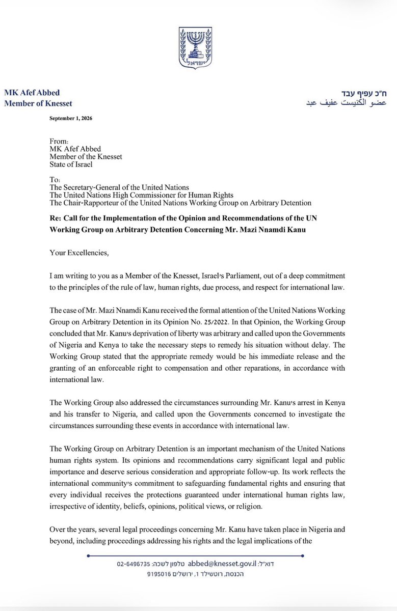 MaziKanuntaKanu's tweet photo. Israeli Knesset member MK Afef Abed has officially sent a letter to the United Nations demanding the immediate release of Nnamdi Kanu, the detained leader of the Indigenous People of Biafra (IPOB).

@UN @UNHumanRights @StateDept @FCDOGovUK @USinNigeria @UKinNigeria @guardiannews @guardian @BBCWorld @FoxNews @channelstv @KnessetENG @10DowningStreet @CNN @SwissGov