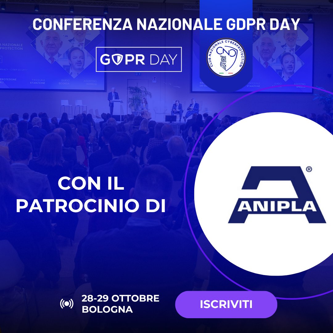GDPRDay's tweet photo. ➡ #ANIPLA - Associazione Nazionale Italiana per l’Automazione patrocina la Conferenza nazionale GDPR Day!
🔥 Ultimi 8 biglietti al 40% di sconto! 🔥
📅 28 Ottobre: Cena inaugurale
📅 29 Ottobre: Conferenza #GDPRDay tutto il giorno
👉🏻 https://t.co/U2HotVtDrx https://t.co/qAbnc2avth