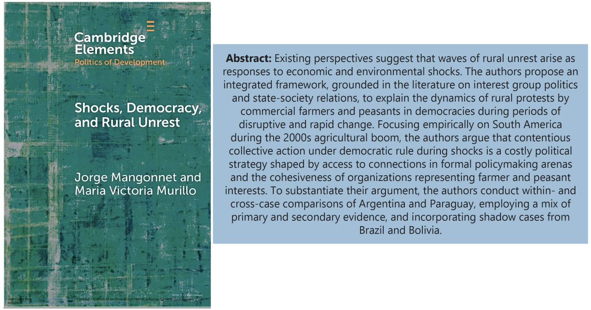 GerardoMunck's tweet photo. Rural Protests in South America

This new @CUP_PoliSci Elements by @jmangonnet and @VickyMurilloNYC explains contemporary contentious politics in South America in terms of economic factors, organizational resources, and relations with the state.

Download: https://t.co/HqmCFmx9kx https://t.co/duBBXI6oib