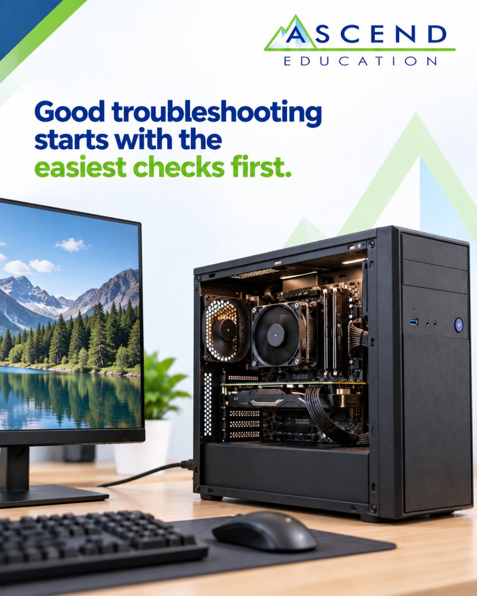 Ascend_EDU's tweet photo. The expensive-looking problem isn’t always the expensive problem.

Rule out the simple stuff first.

🔗https://t.co/8ekVlH3KYm

#CompTIAAPlus #ITSupport #Troubleshooting #AscendEducation https://t.co/7ncDegXqsN