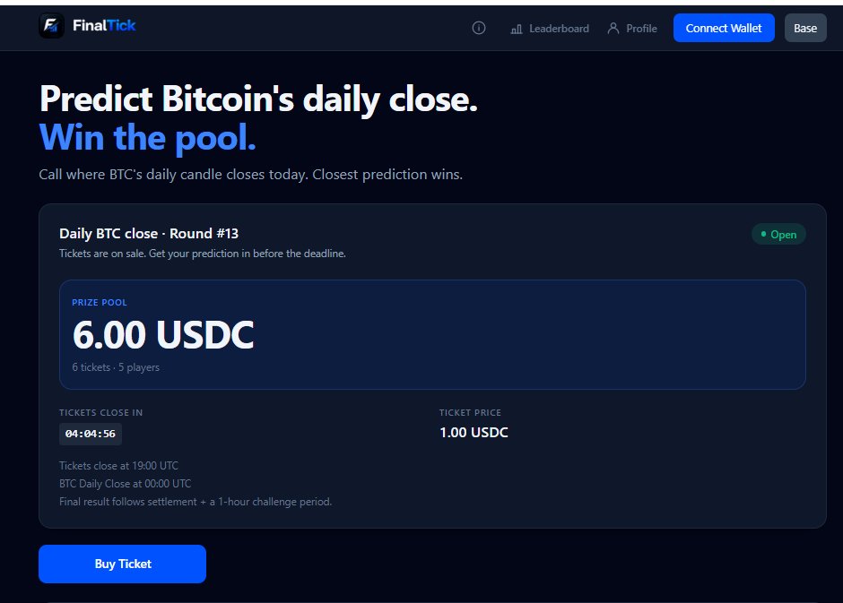 Finaltick's tweet photo. Round 13 is open.

Tickets close in ~4 hours.
19:00 UTC deadline.
Settlement at 00:00 UTC.

Closest BTC close wins the pool.
https://t.co/vmhRS5XJNH https://t.co/xVFvw5mwir