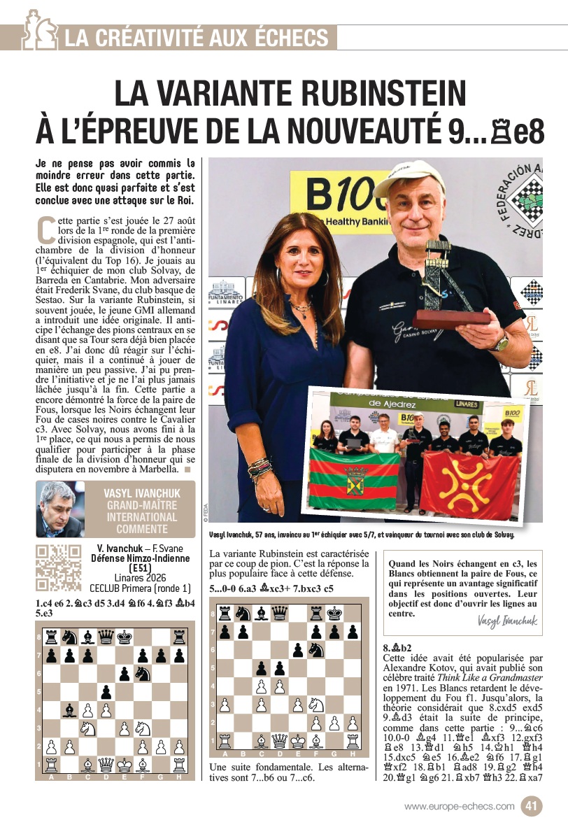 EuropeEchecs's tweet photo. « Cette partie est quasi parfaite. »
😆 Si Vasyl Ivanchuk le dit, nous pouvons le croire !
À 57 ans, il a signé une véritable démonstration contre le jeune grand maître allemand Frederik Svane en ligue espagnole.
📘 L'Ukrainien commente lui-même cette victoire dans le numéro d’octobre d’Europe Échecs !
