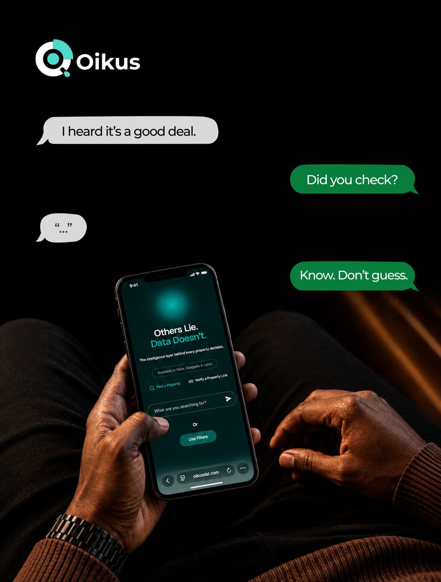 Oikusproptech's tweet photo. "I heard it's a good deal."

That's how most property decisions in Nigeria get made. Nobody actually checked.

Oikus lets you verify listings and see real data before you pay.

Now live in Yaba, Gbagada &amp; Lekki.

Others lie. Data doesn't.

Check out https://t.co/dcrVI65OJm today. https://t.co/M7rq7G1zDP