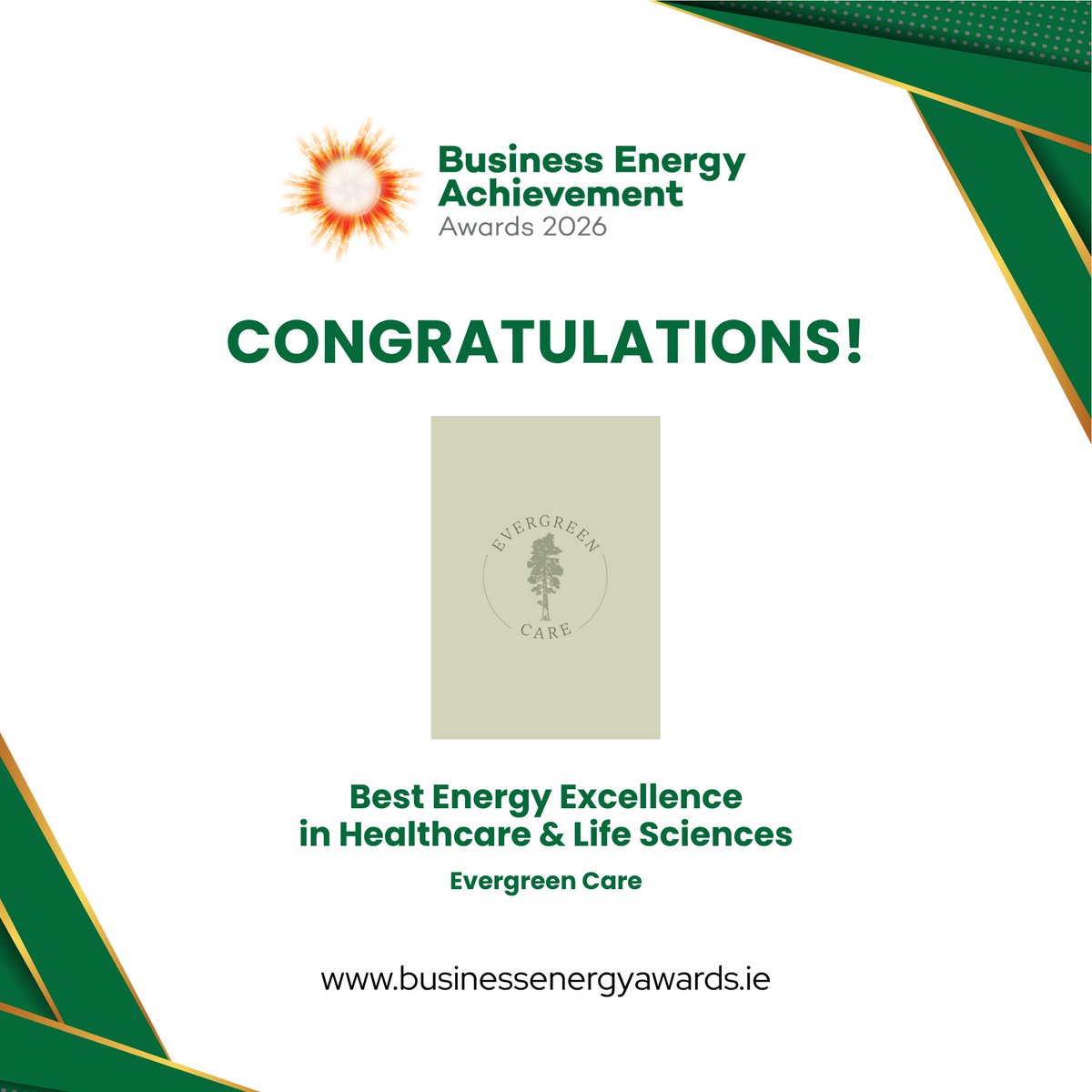 BizEnergyAwards's tweet photo. The Best Energy Excellence in Healthcare &amp; Life Sciences award belongs to Evergreen Care at the BEAA 2026. Congratulations to a team making sustainability central to the delivery of care. Meet all of this year's winners at https://t.co/0jJF4y6Aw2. https://t.co/WI8ClzLkTl