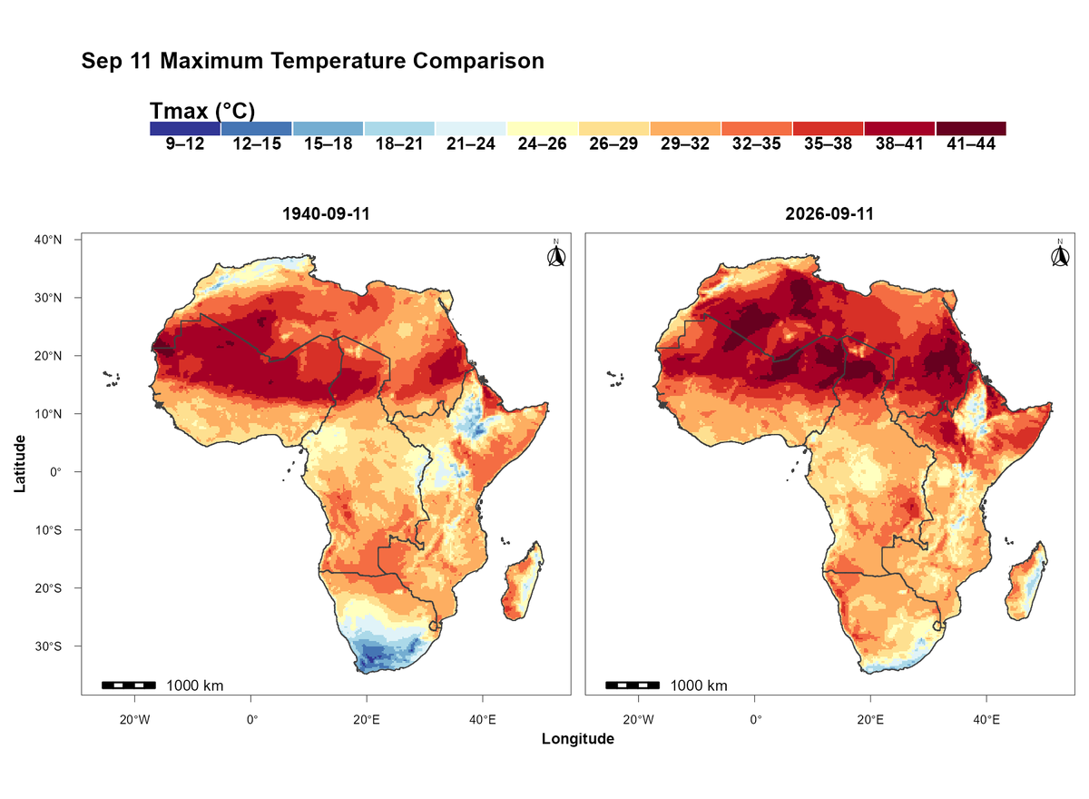 alihassansha12's tweet photo. September Maximum Temperature: A Spatial Comparison of 1940 vs. 2026 #R #GIS #RemoteSensing #EarthObservation #Geospatial #SpatialAnalysis #ClimateChange #ClimateAnalytics #EnvironmentalMonitoring #HeatRisk #TemperatureAnalysis #usafirst #USGIS #GISJobs https://t.co/CpmRhKBVIZ